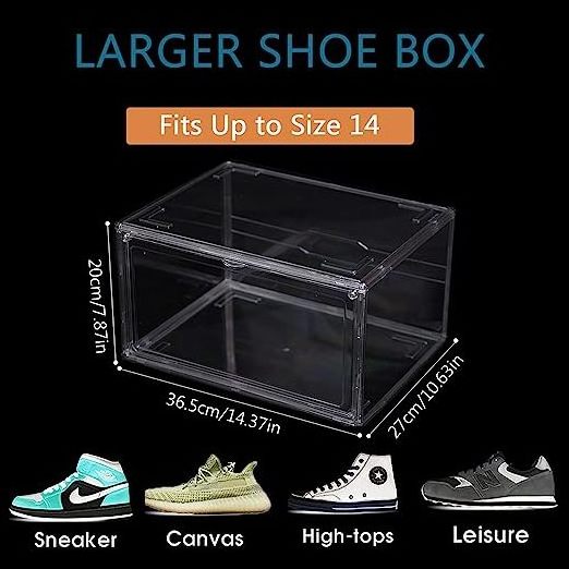 Large Capacity Plastic Shoe Box Clear Stackable Sneaker Box Container, Magnetic Side Open Shoe Organizer Case for Man and Women