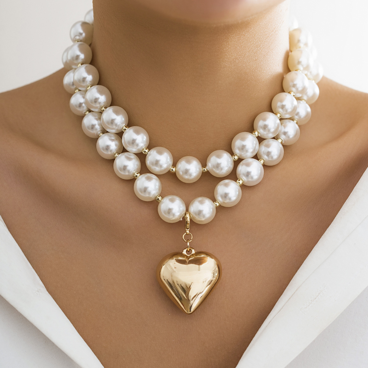 Gold Plated Pearl Heart Shaped Pendant Stainless Steel Necklace Multi Layered Round Beads Layered  Necklace For Women