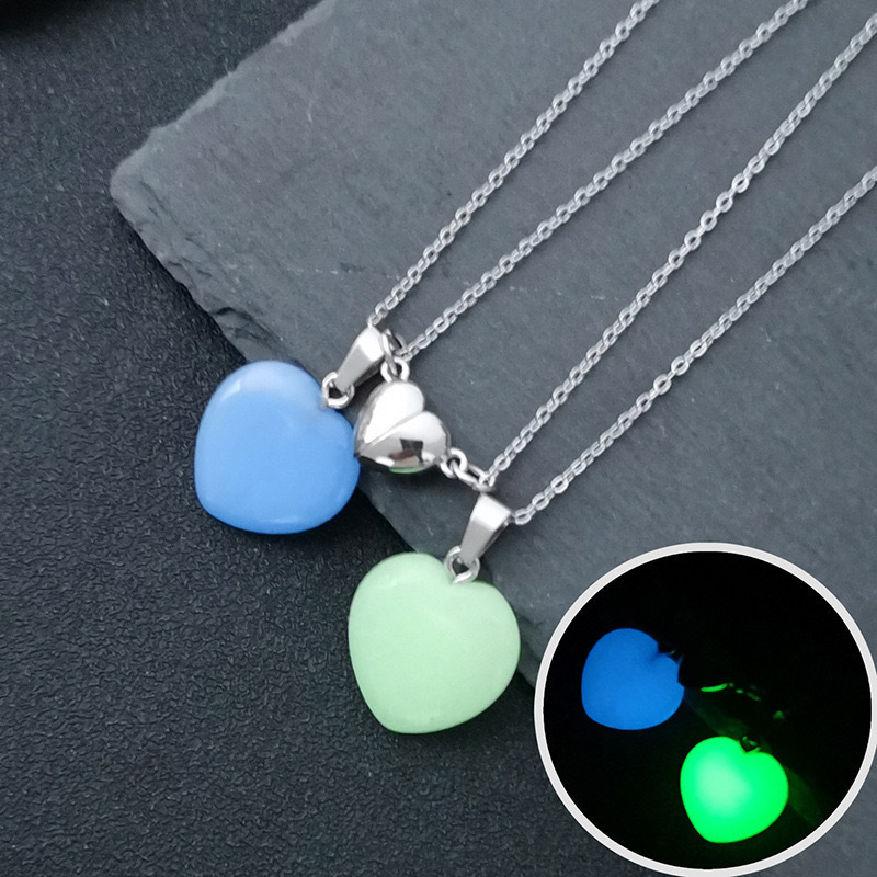 New Luminous Hexagonal Column Pendant Necklace with Natural Stone Heart Shape Pendant Couple Magnetic Necklace Jewelry