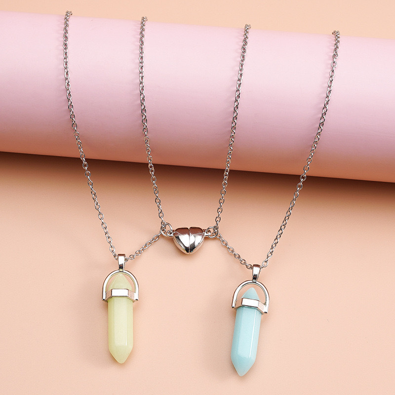 New Luminous Hexagonal Column Pendant Necklace with Natural Stone Heart Shape Pendant Couple Magnetic Necklace Jewelry