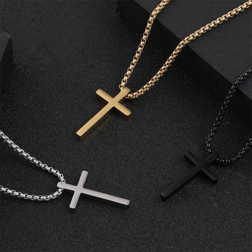 Hot selling Silver Black Gold Stainless Steel Prayer Cross Pendant Waterproof No Fade Chain Necklace for Men Box Chain