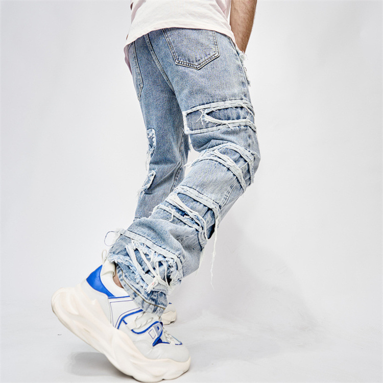 2023 Customized Men's Jeans New Embroidered Perforated Pants Flare Stacked Jeans