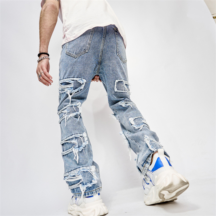 2023 Customized Men's Jeans New Embroidered Perforated Pants Flare Stacked Jeans