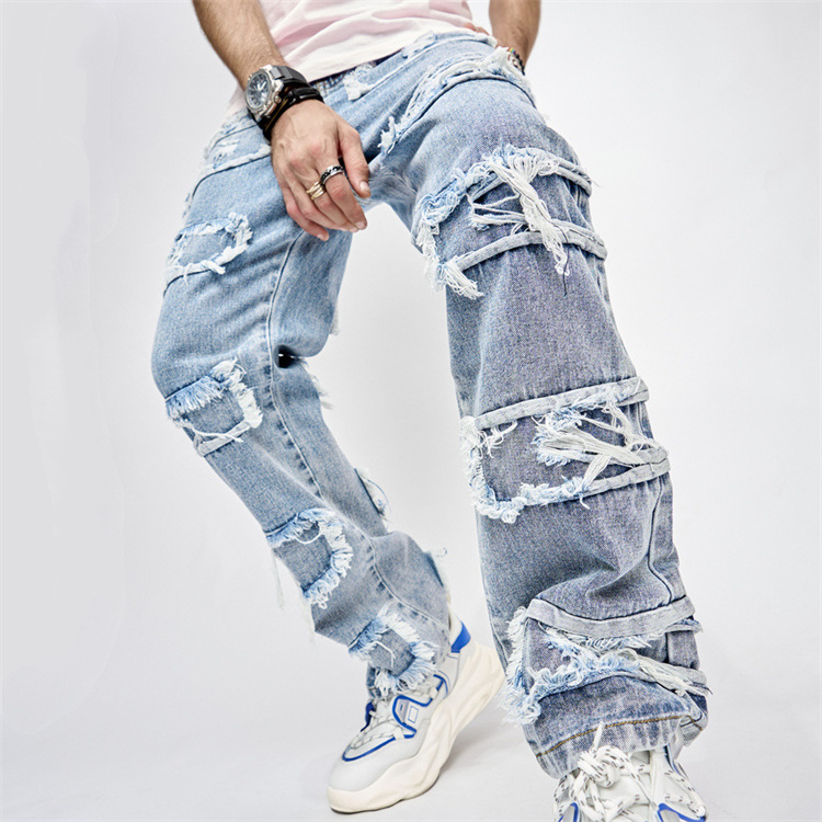 2023 Customized Men's Jeans New Embroidered Perforated Pants Flare Stacked Jeans