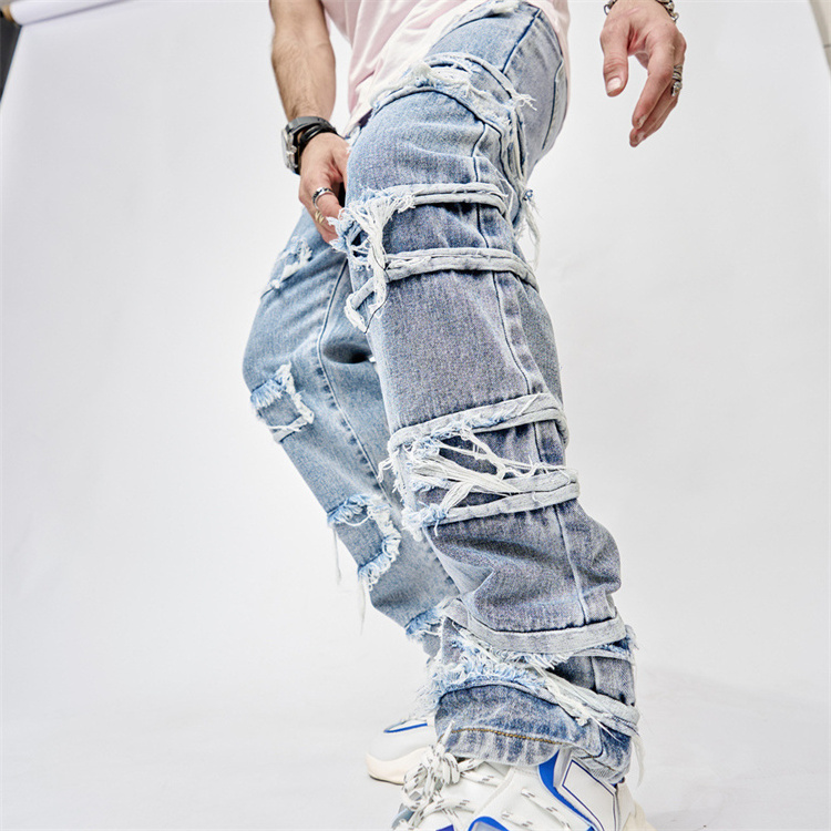 2023 Customized Men's Jeans New Embroidered Perforated Pants Flare Stacked Jeans