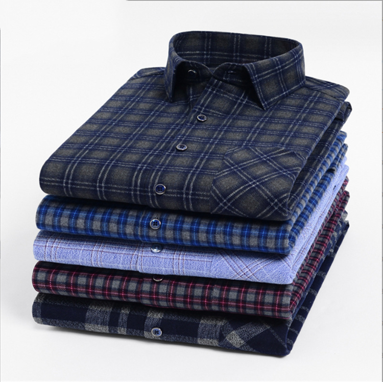 Wholesale 100% Cotton Men's Casual Formal Shirts Non Iron Business Shirts Autumn and winter men's cotton woolen plaid shir