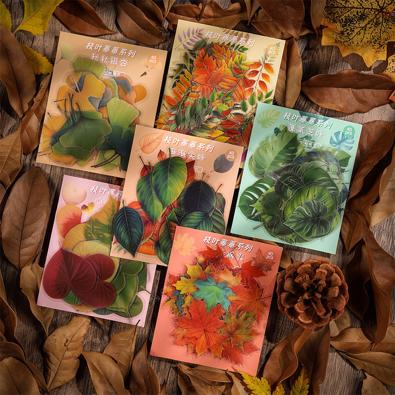 STICKERS PUNK 40 Pcs/pack Autumn Fall Leaves Waterproof PET Transparent Vintage Sticker for Journal Scrapbook Wall Crafts 05218