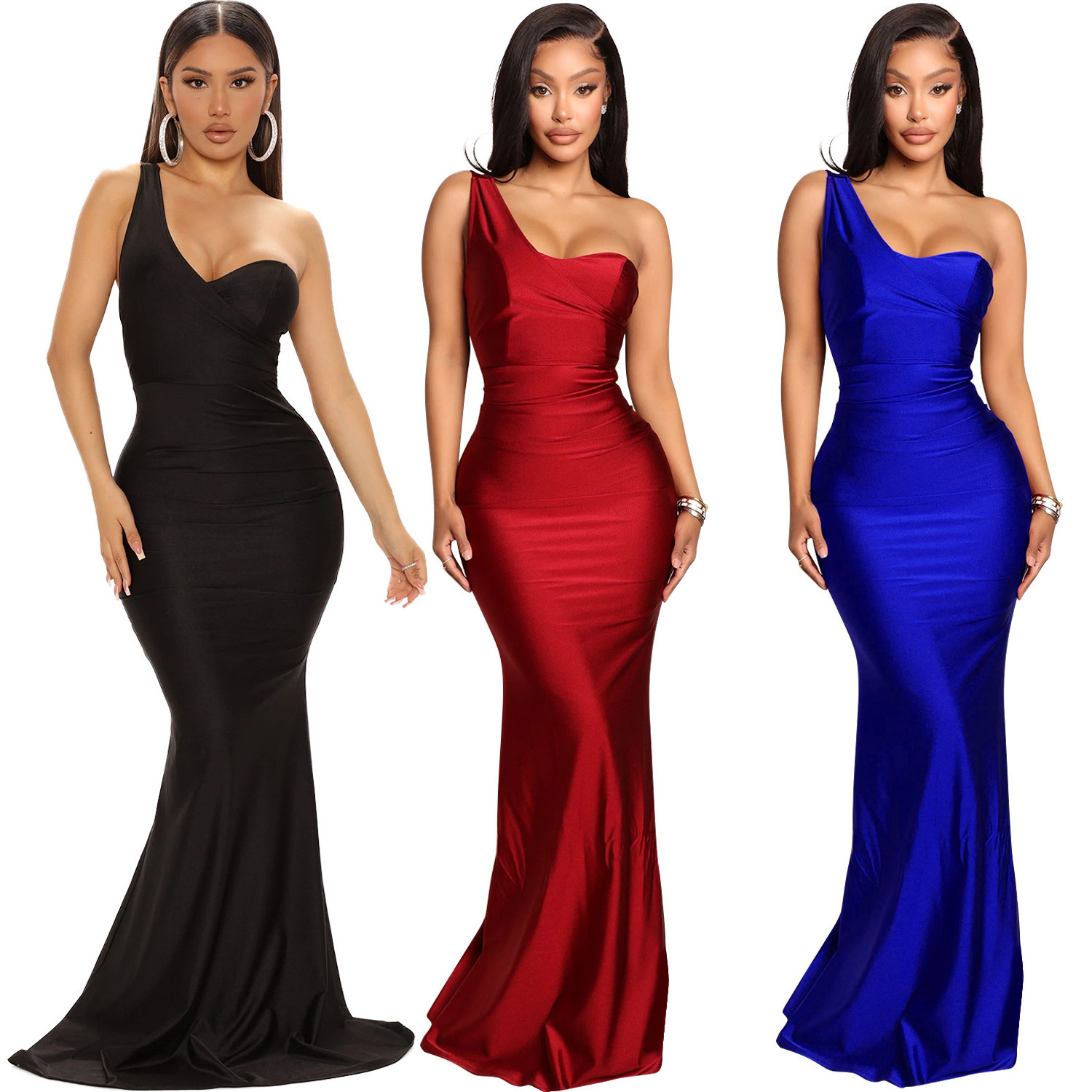 Summer new Asian beauty dress fashion sexy celebrity one-shoulder long dress for women