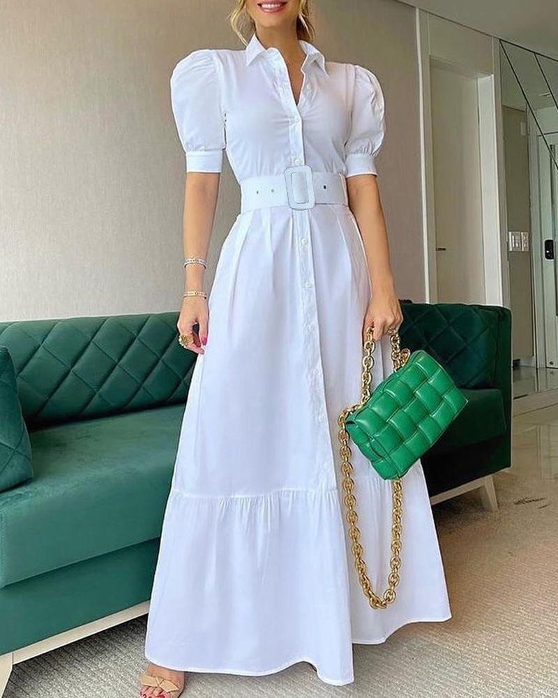 Summer Elegant Turn Down Collar Stripe Print Shirts Maxi Dress With Belt Casual Women Puff Sleeve Long Dresses