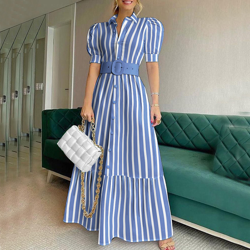 Summer Elegant Turn Down Collar Stripe Print Shirts Maxi Dress With Belt Casual Women Puff Sleeve Long Dresses