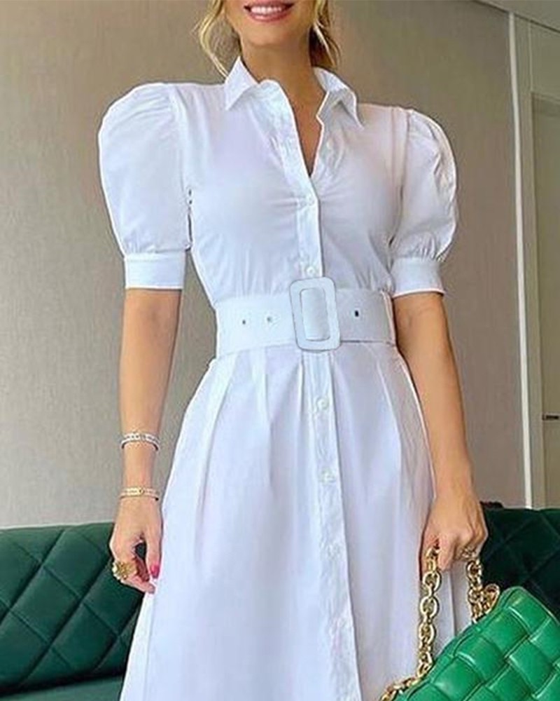 Summer Elegant Turn Down Collar Stripe Print Shirts Maxi Dress With Belt Casual Women Puff Sleeve Long Dresses