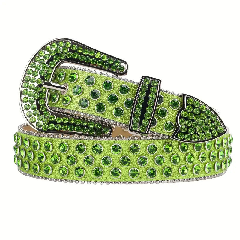 Custom Genuine Leather Cross Belt Skull Buckle Shiny Pink Diamond Western Women Bling Bling Skull Buckle Green Rhinestones Belt