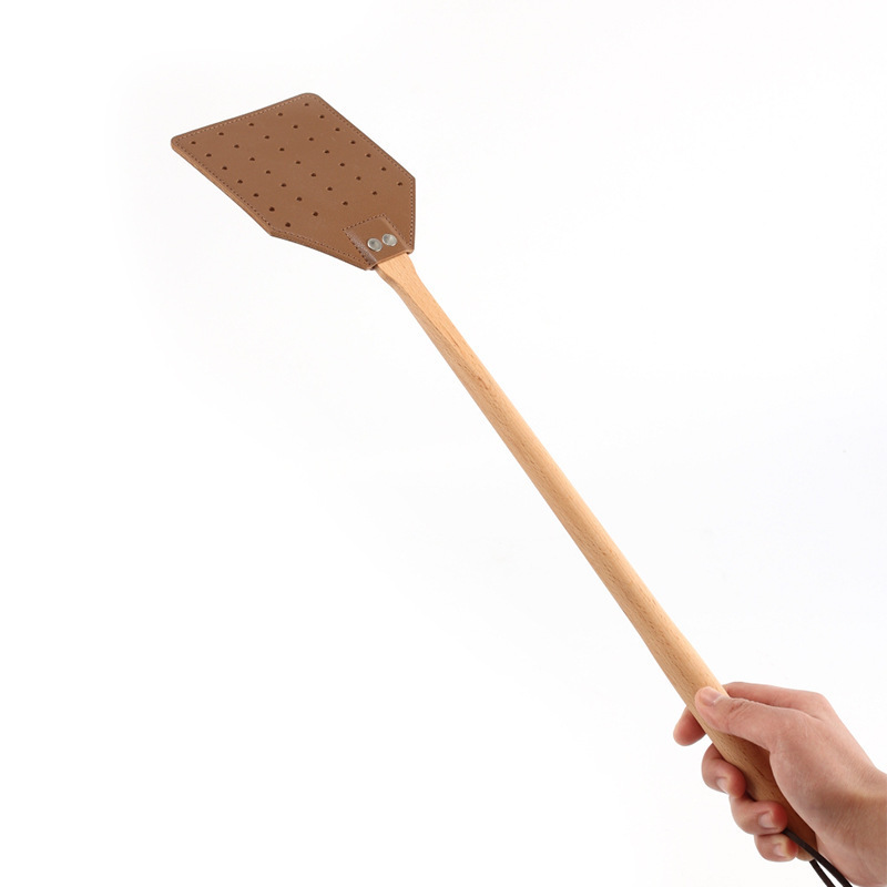 Sturdy Leather Fly Swatter for Indoors Long Handle Heavy Duty Wood Fly Swatter With Hanging Rope Durable Fly Swatter