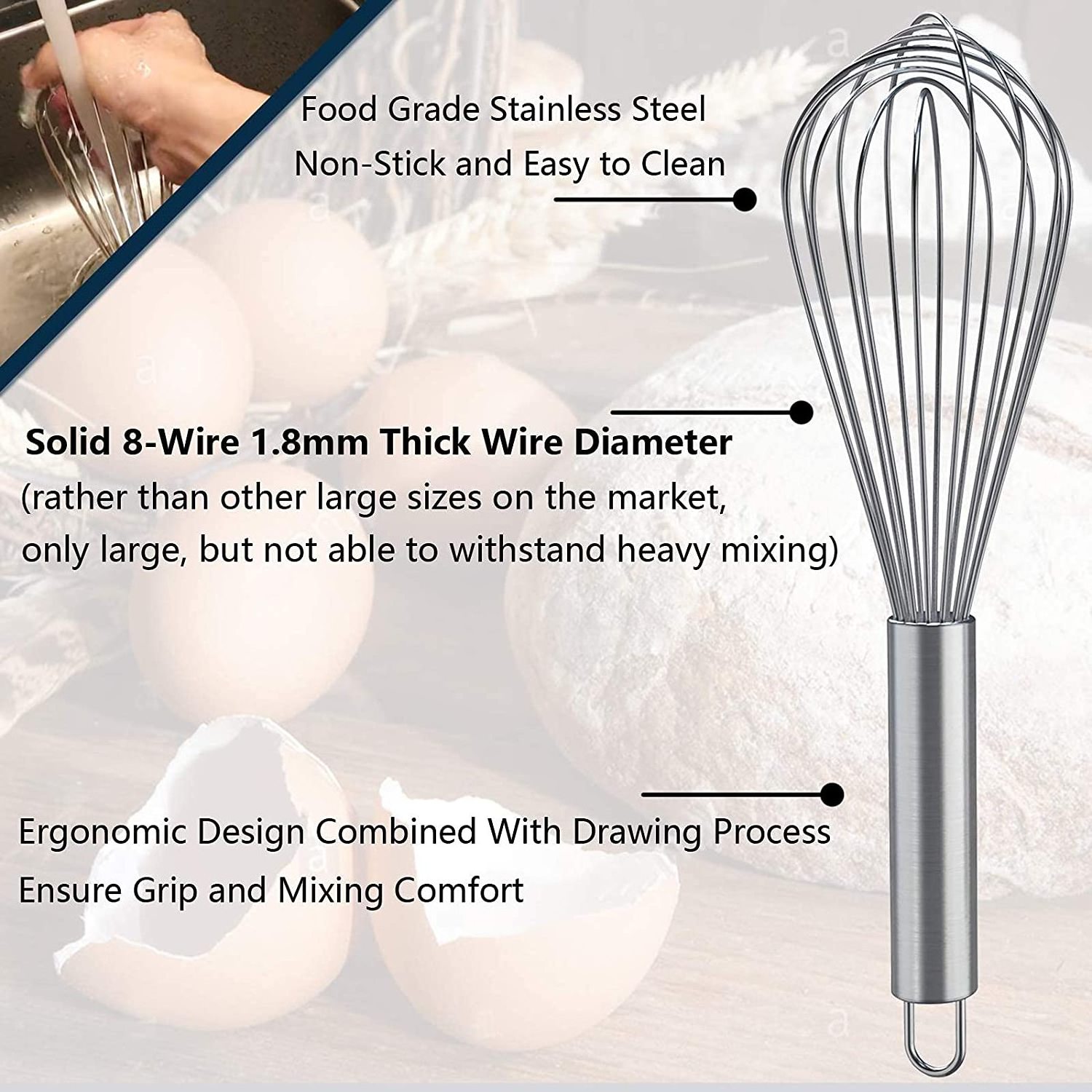 Whisks for Cooking 3 Pack Stainless Steel Whisk for Blending Whisking Beating and Stirring Enhanced Version Balloon Wire