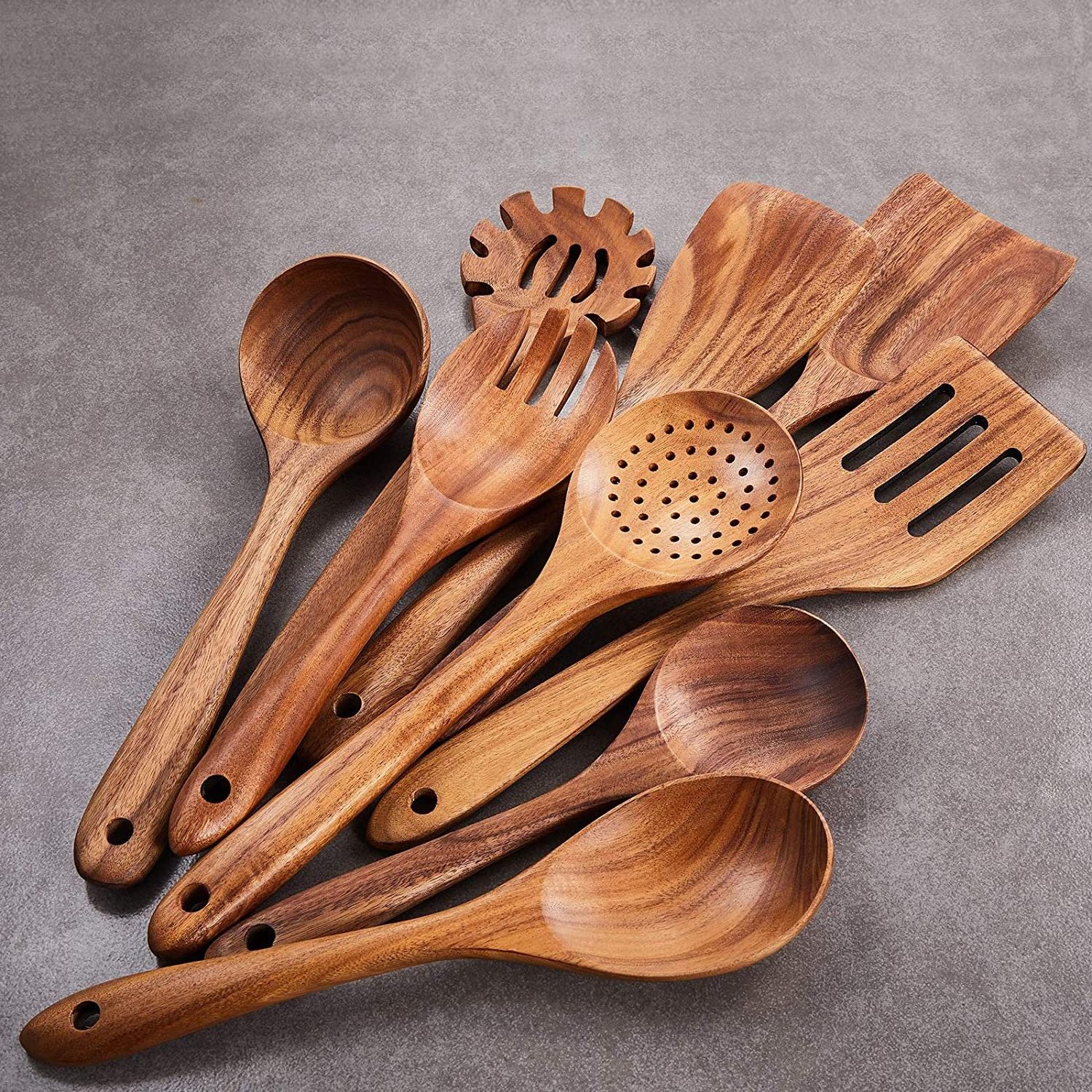 Wooden Spoons for Cooking Bamboo Utensil Set 9pcs Apartment Essentials Nonstick Kitchen Premium Quality Housewarming Gifts