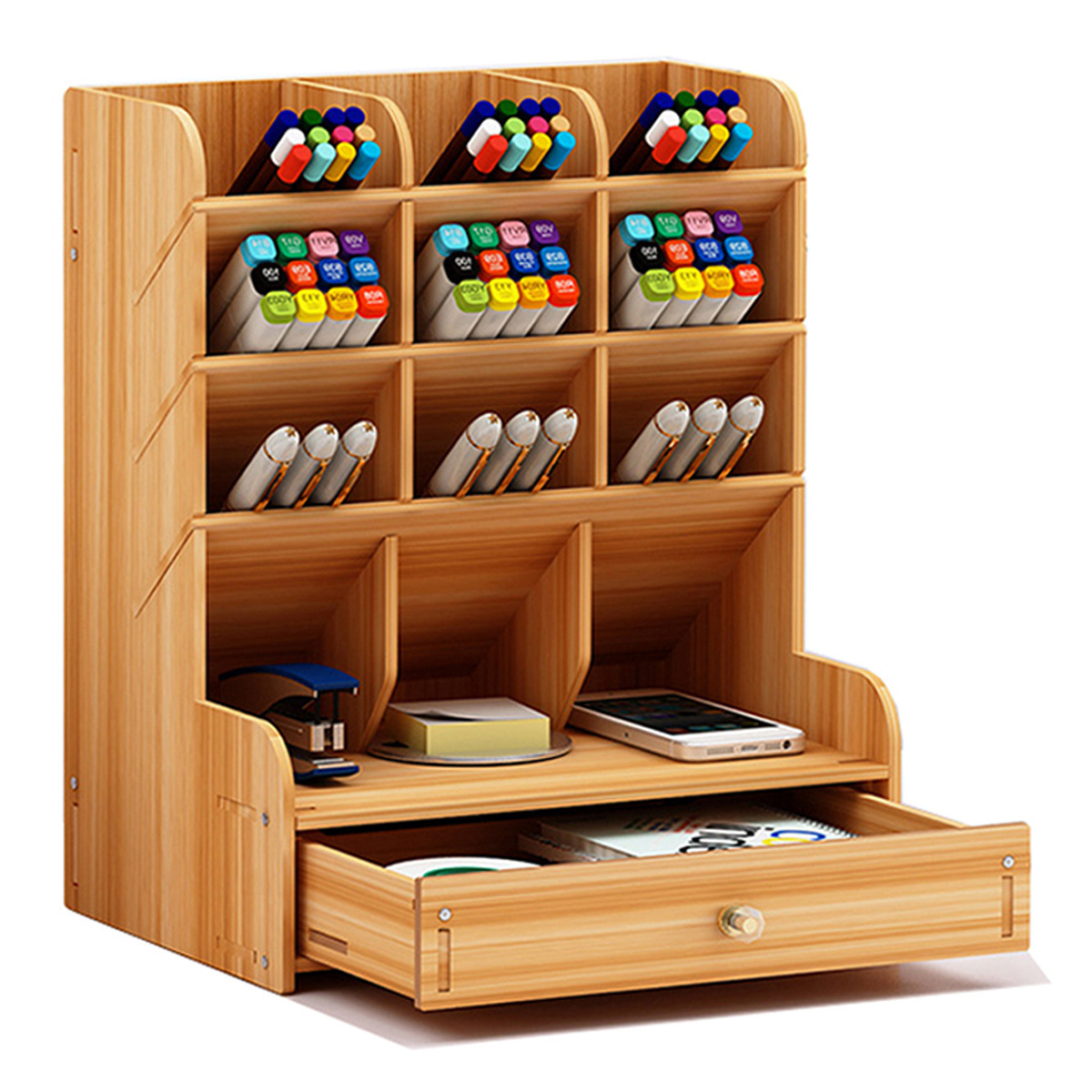 Bamboo Desktop Organizer with Drawer Wooden Desk File Document Organizer with Pen Holder Tabletop Stationery Storage