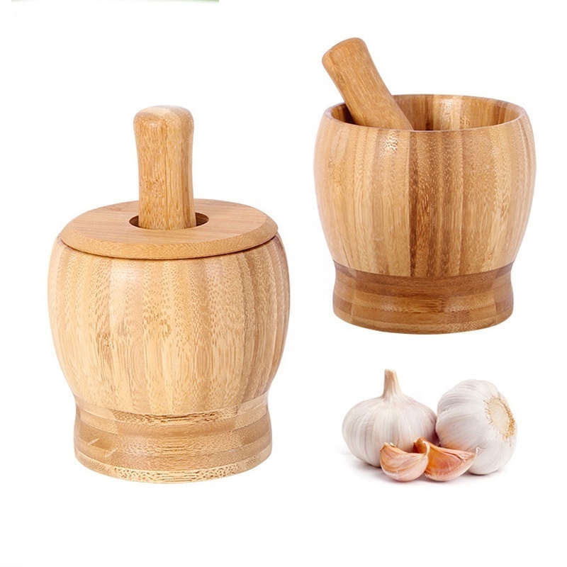 Wholesale household kitchen round hand Spice Grinder and garlic bamboo mortar and pestle set