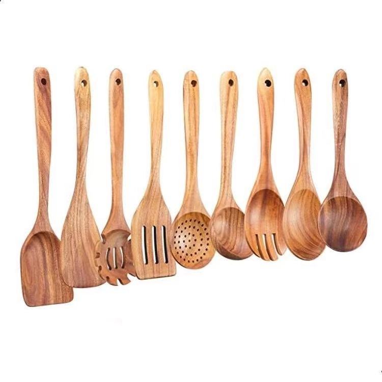 Wooden Spoons for Cooking Bamboo Utensil Set 9pcs Apartment Essentials Nonstick Kitchen Premium Quality Housewarming Gifts