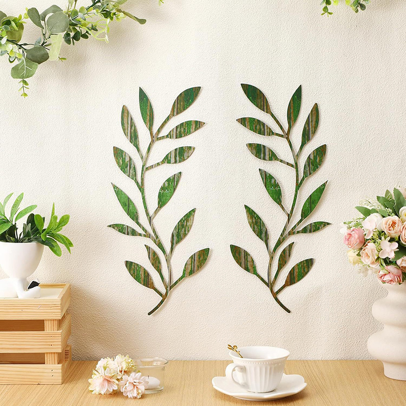 Metal wrought iron leaves wall decoration rattan olive tree branches and leaves wall living room outdoor decoration