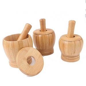 Wholesale household kitchen round hand Spice Grinder and garlic bamboo mortar and pestle set