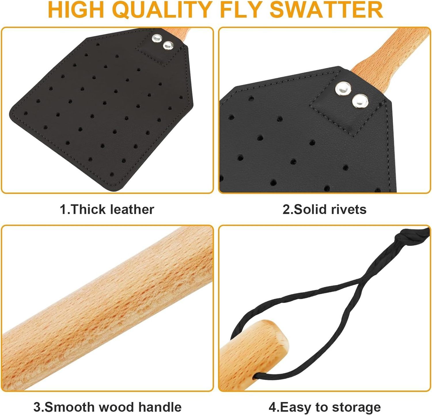 Leather Fly Swatter for Indoors Outdoors Heavy Duty Flyswatter with Walnut Wood Handle 19.7