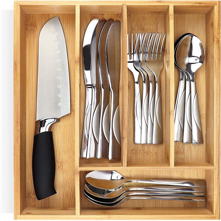 Flatware Utensil Cutlery Silverware Holder for Drawer Small Extra-Deep Wooden Kitchen Drawer Organizer Divider