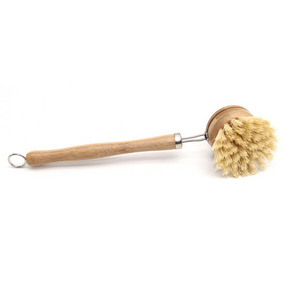 Custom logo kitchen cleaning brush sisal bamboo long handle replaceable brush head dishwasher pot brush