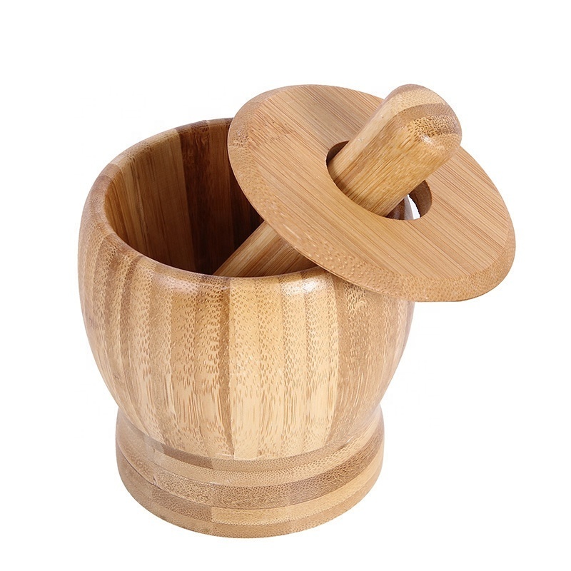 Wholesale household kitchen round hand Spice Grinder and garlic bamboo mortar and pestle set