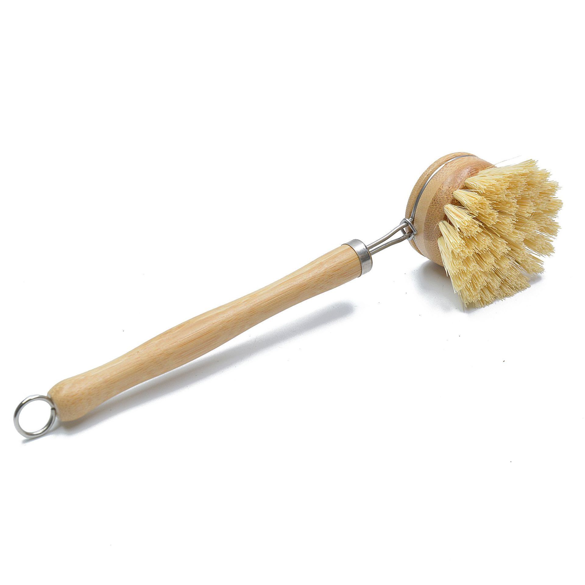 Custom logo kitchen cleaning brush sisal bamboo long handle replaceable brush head dishwasher pot brush