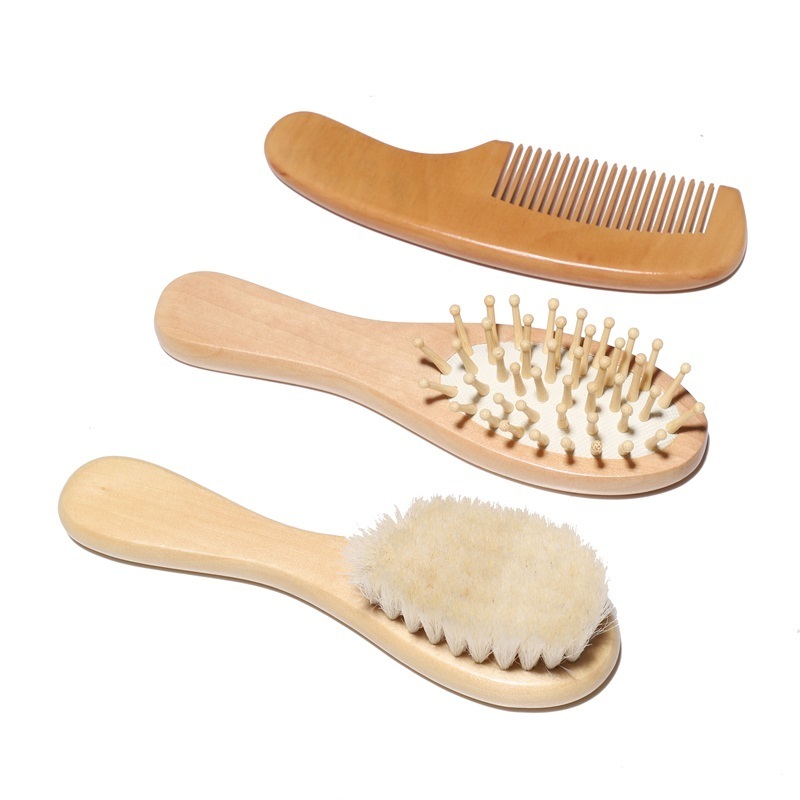 High quality soft hair brush baby wooden wool bristle small goat baby hair brush and comb for new baby care