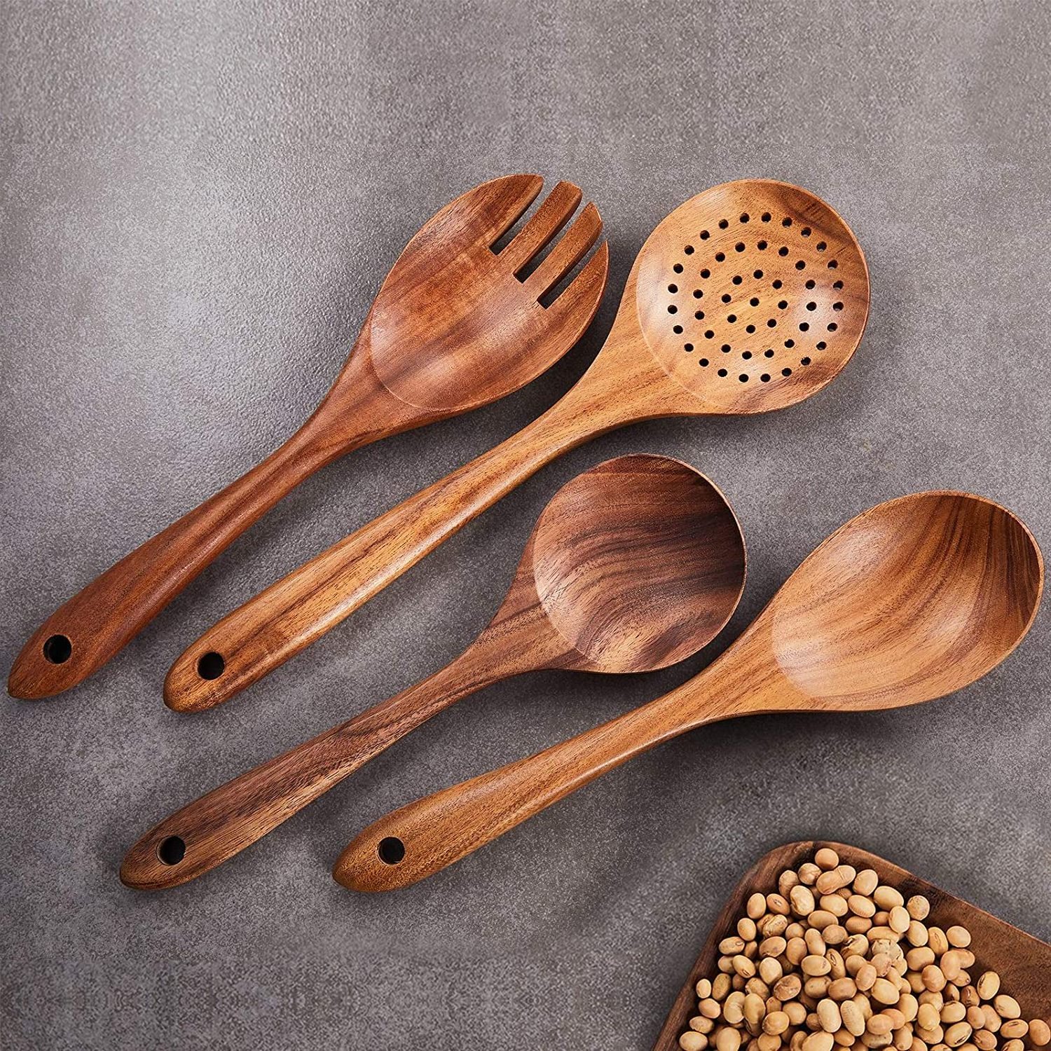 Wooden Spoons for Cooking Bamboo Utensil Set 9pcs Apartment Essentials Nonstick Kitchen Premium Quality Housewarming Gifts