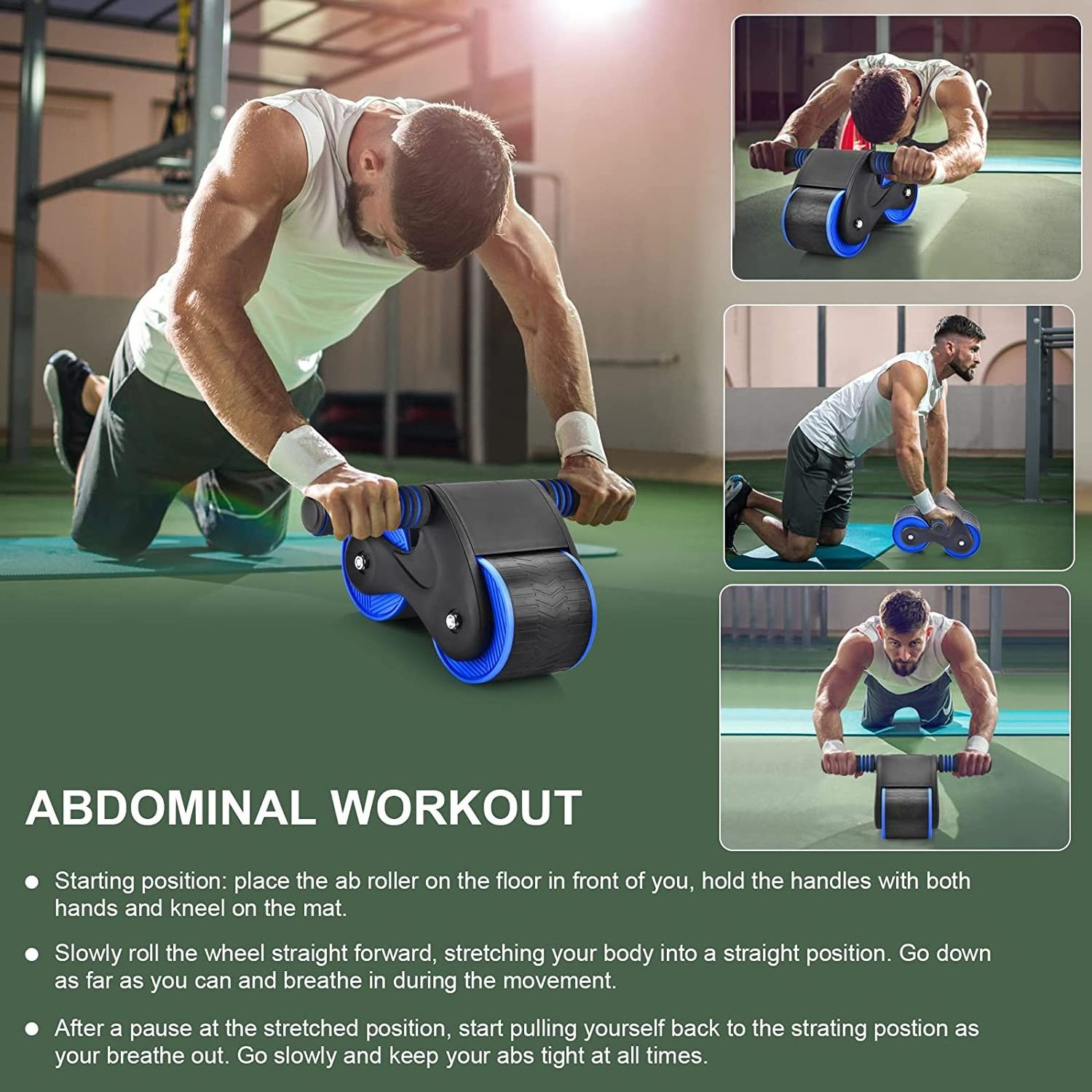 Natural Rubber Abdominal Wheel Roller with Knee Pads Abs Wheel Roller for Core Workout Aerobic Training