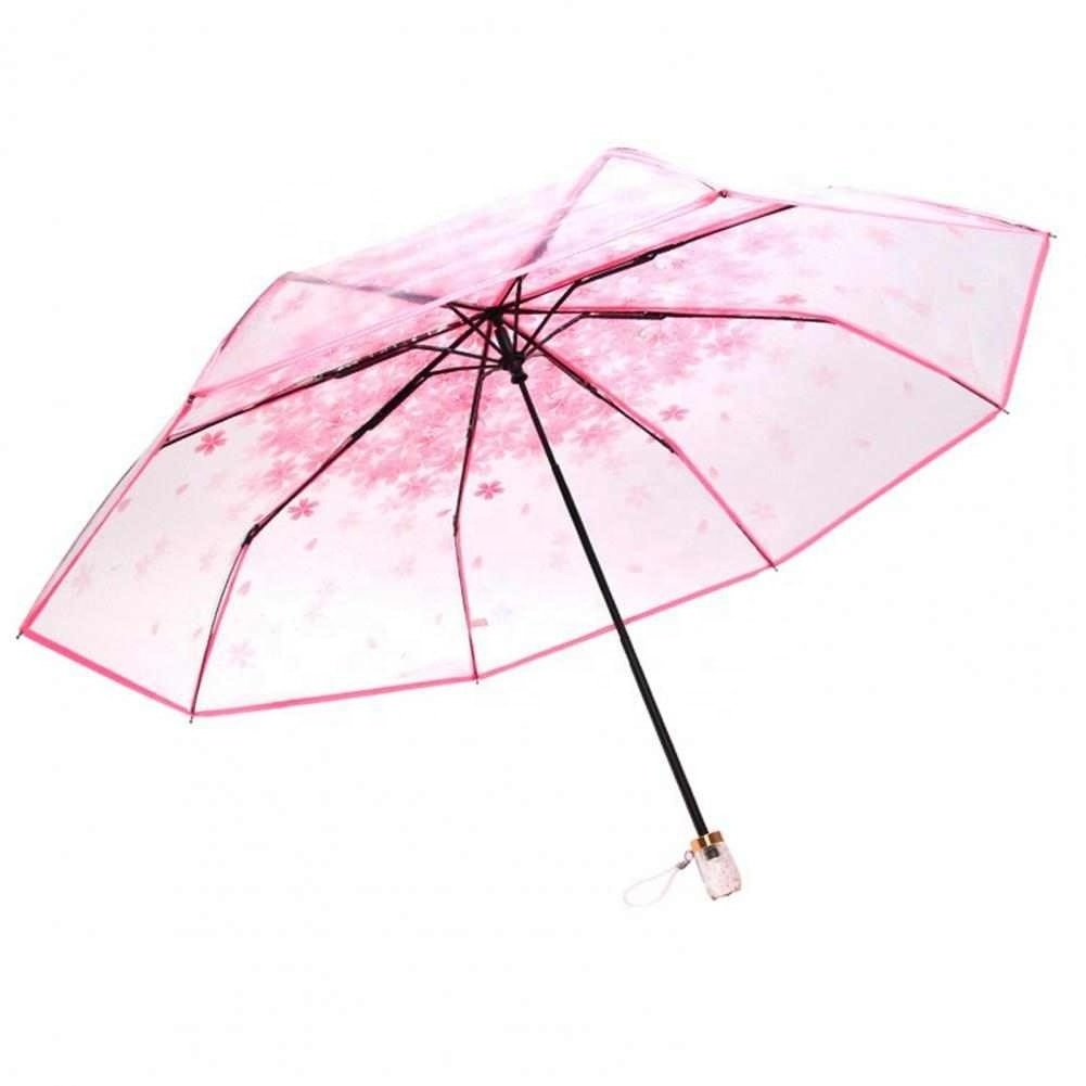 Cherry blossoms Umbrella Parasol Three-folding Rain-proof Transparent Outdoor Durable Folding Sunshade Mini Umbrella