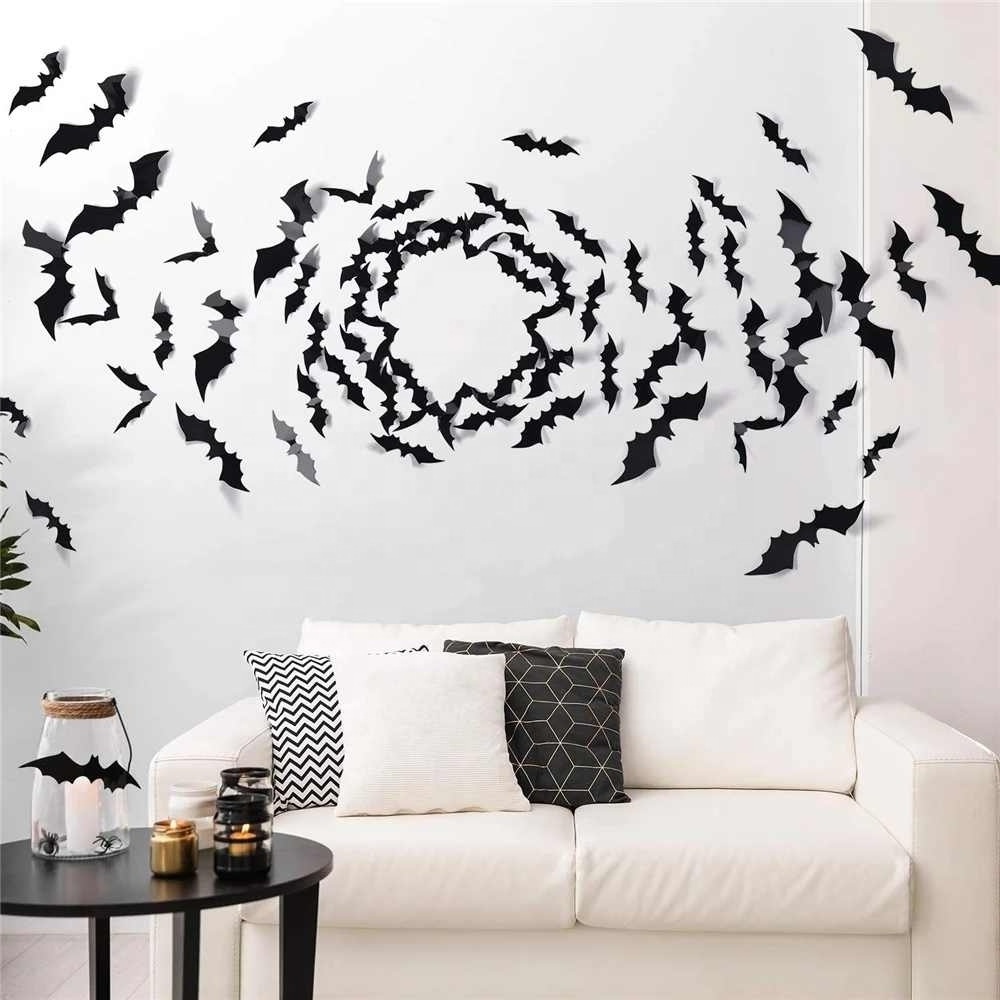 3D Bat Wall Stickers Halloween Party Decoration Realistic Scary Black Bat Stickers PVC Bathroom Home Decor Wall Decals