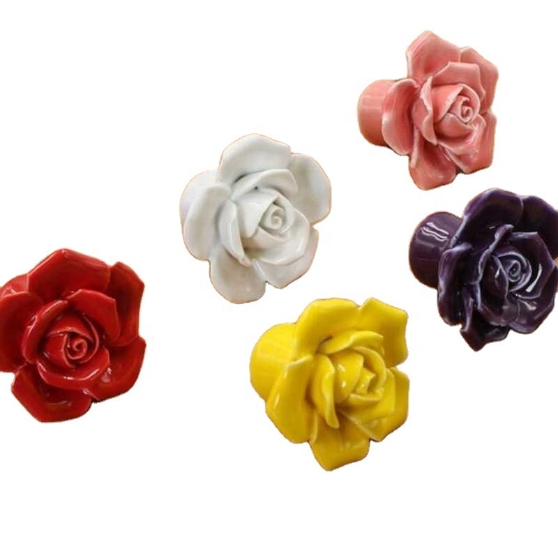 Rose Flower Handles Cabinet Ceramic Knobs Flowers Kitchen Handles Dresser Closet Kids Bedroom Furniture 5 Colors 7A0499