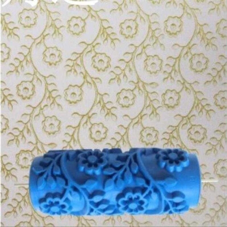 DIY Pattern Paint Roller with Handle Rubber Brush Emboss Texture Painting Tool Wall Decoration