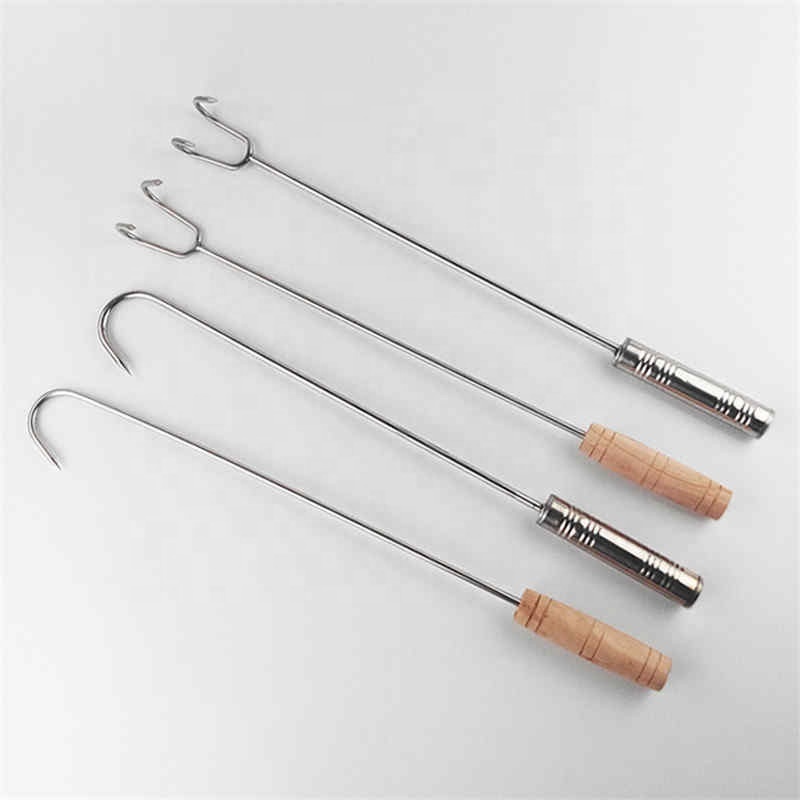 Stainless Steel Beef Meat Hooks Long Handle Roast Duck Bacon Shop Hook BBQ Wood carbon Hanger Bread Hook Kitchen Outdoor Tools