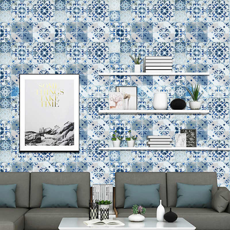 Blue mosaic pattern wallpapers Kitchen Bathroom Waterproof Wall Sticker Home Decor Removable Vinyl PVC Self Adhesive Wallpaper