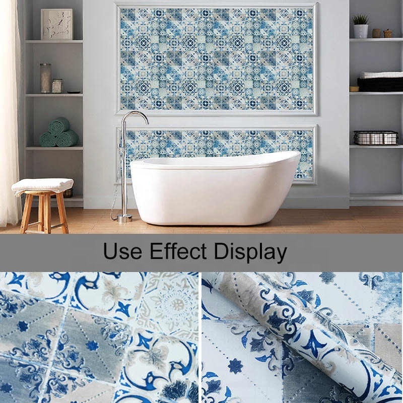 Blue mosaic pattern wallpapers Kitchen Bathroom Waterproof Wall Sticker Home Decor Removable Vinyl PVC Self Adhesive Wallpaper