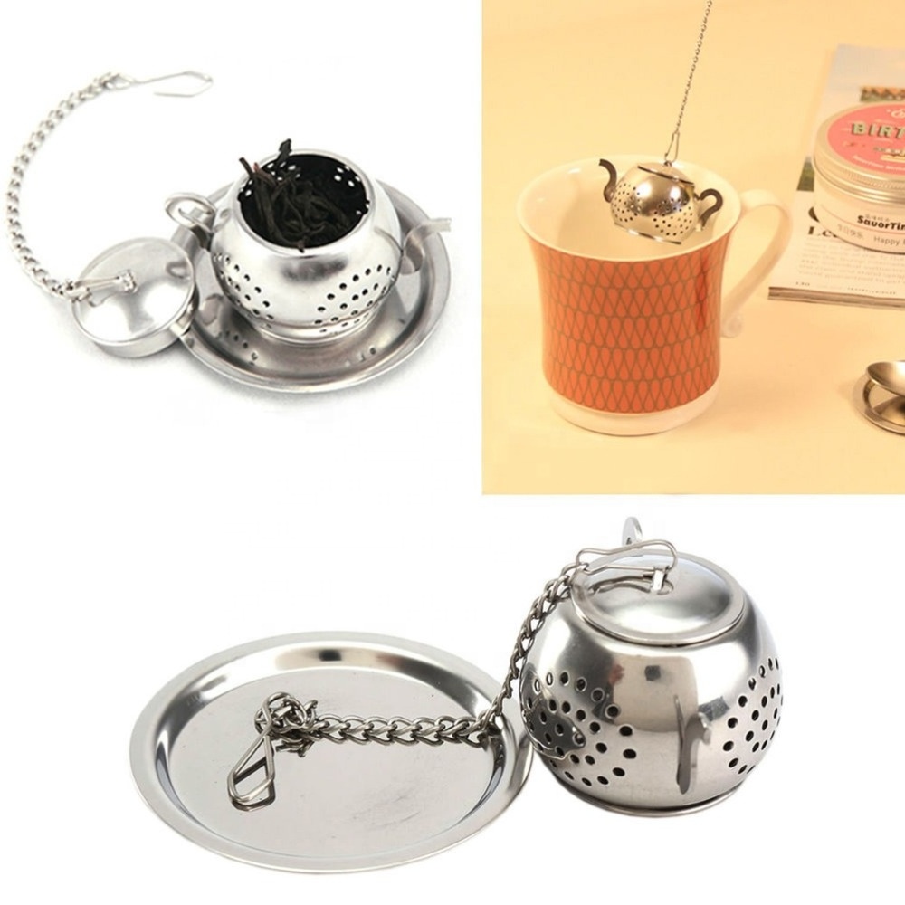 Stainless Steel Loose Teapot Shape Tea Leaf Infuser With Tray Lovely Convenient Spice Drinking Strainer Herbal Filter