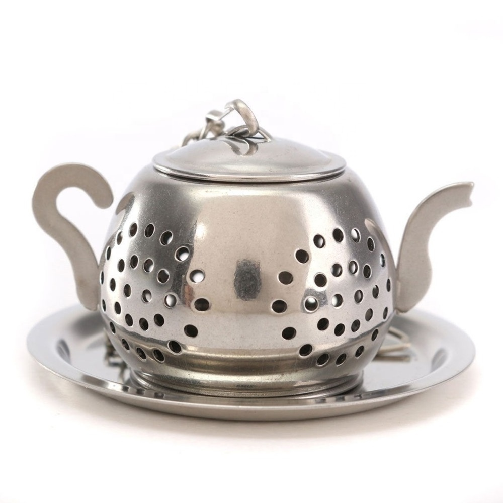 Stainless Steel Loose Teapot Shape Tea Leaf Infuser With Tray Lovely Convenient Spice Drinking Strainer Herbal Filter