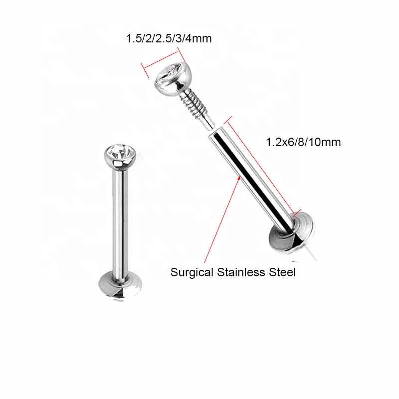 Zircon Labret Lip Bar Stud Piercing 16 Gauge Stainless Steel Cartilage Ear Tragus Stud Piercing Earring