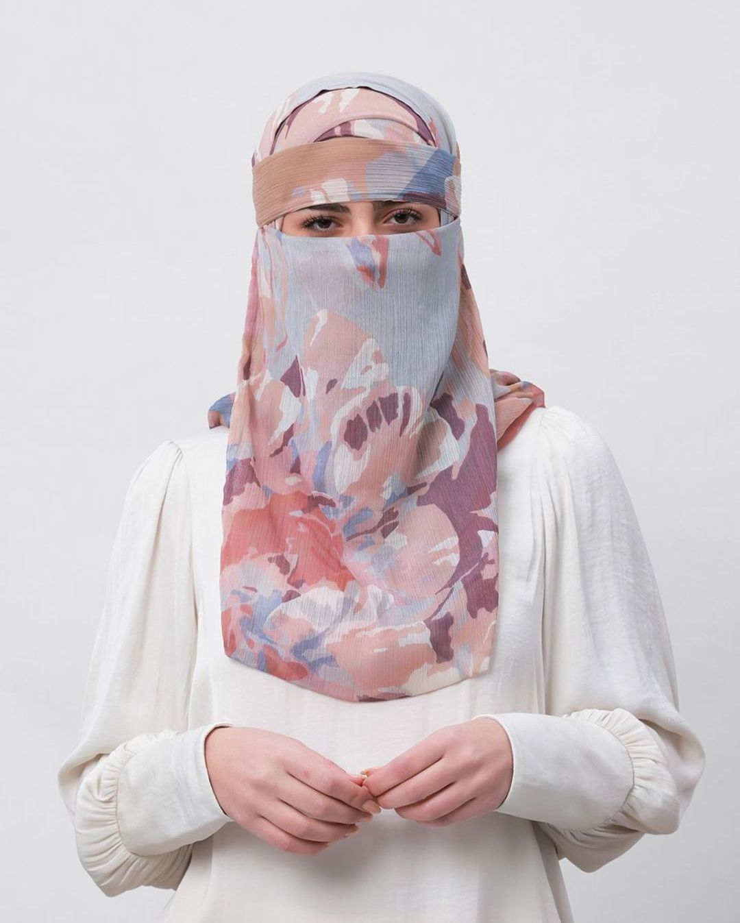 customized muslim ilbab niqab with custom design printed Crinkled Chiffon niqab scarf