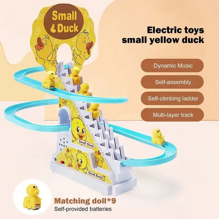 Funny yellow duck climbing stairs light music DIY track electric assembling plastic game toy for kids