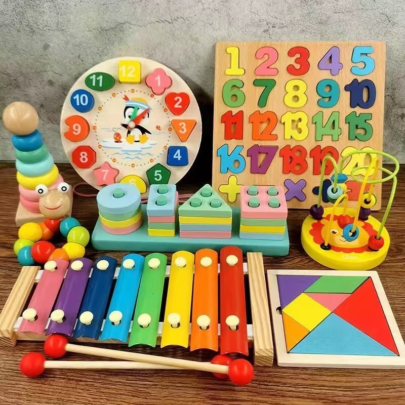 8pcs/set Montessori Wooden Rainbow Blocks Baby Xylophone Music Toy Wooden Educational Toy For Kid Learning