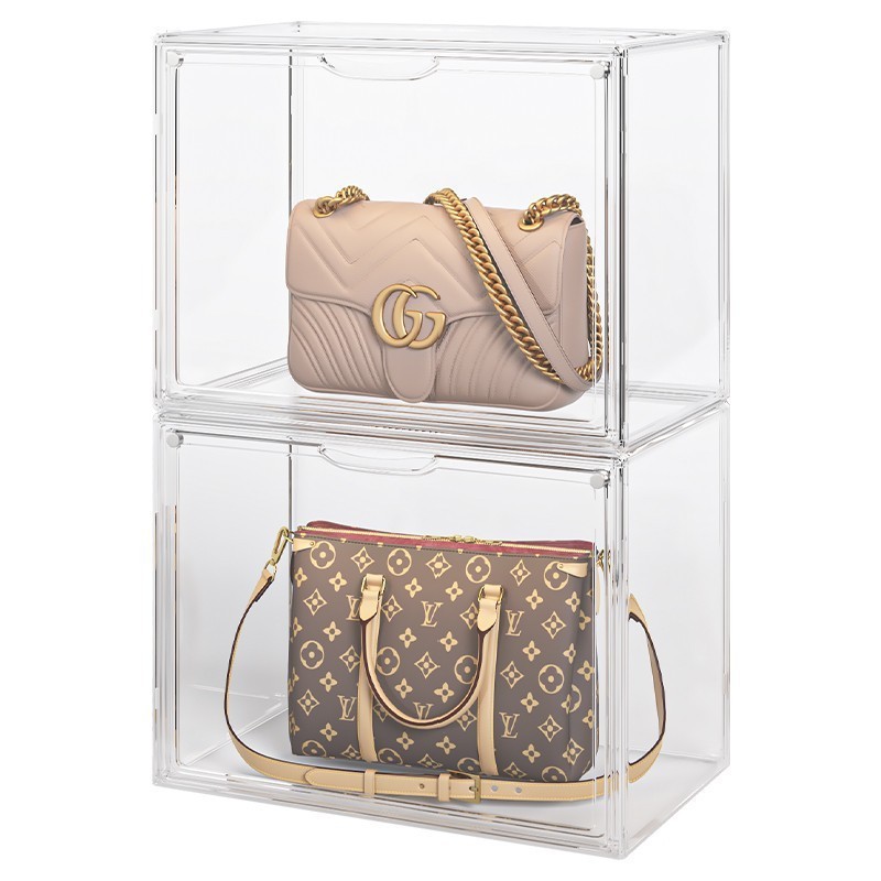 Transparent storage organizer with magnetic doors, stackable storage devices such as leather bags, cosmetics, wallets, cameras