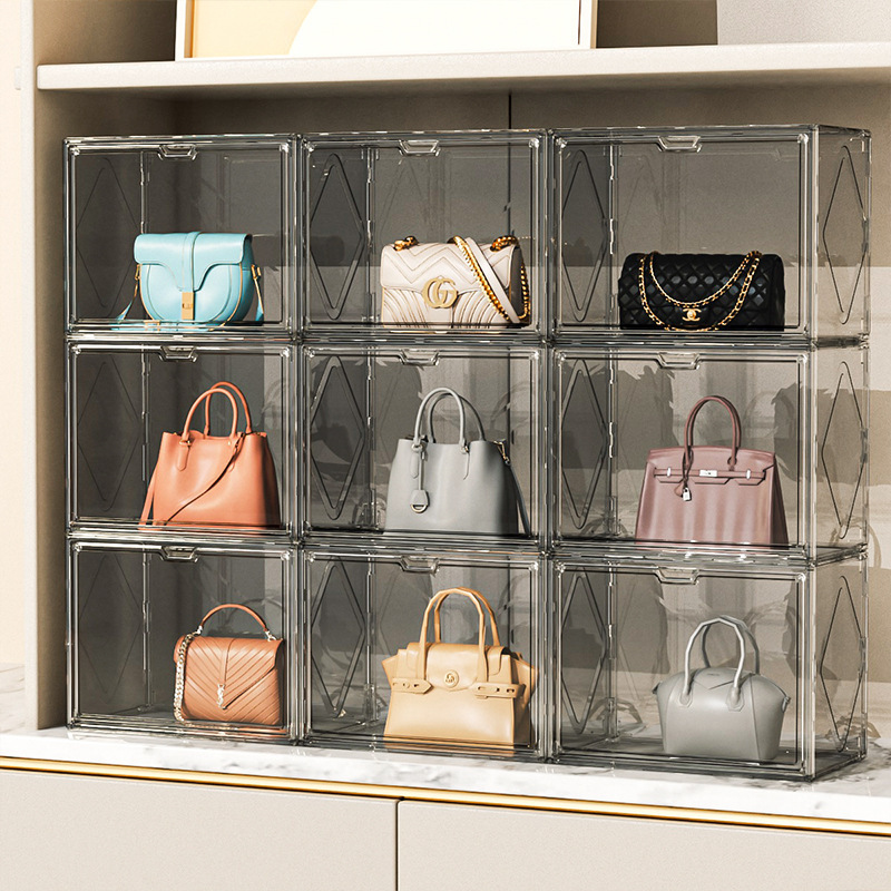 Transparent storage organizer with magnetic doors, stackable storage devices such as leather bags, cosmetics, wallets, cameras