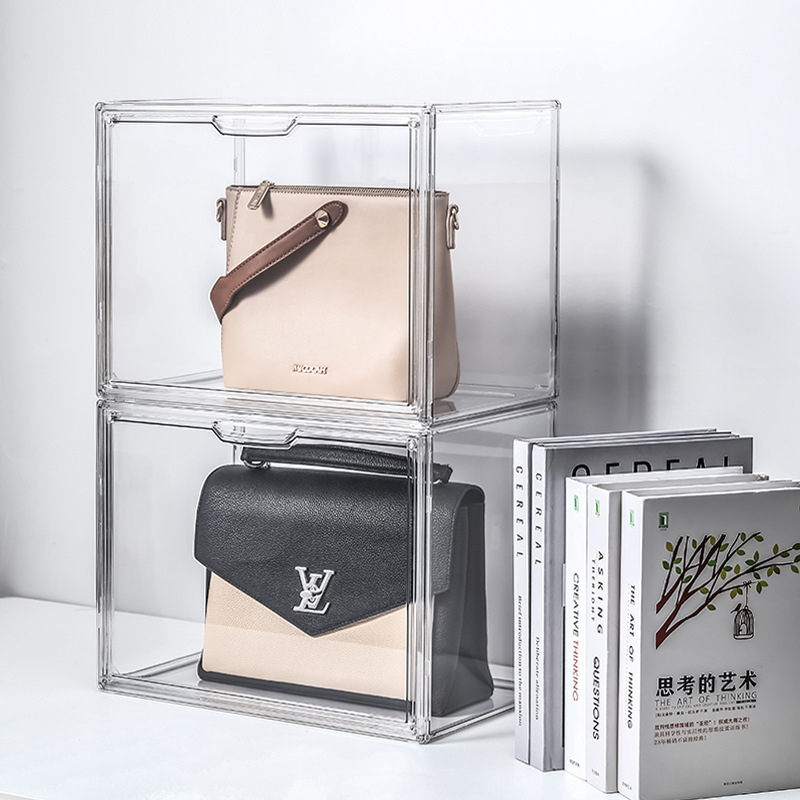 Transparent storage organizer with magnetic doors, stackable storage devices such as leather bags, cosmetics, wallets, cameras