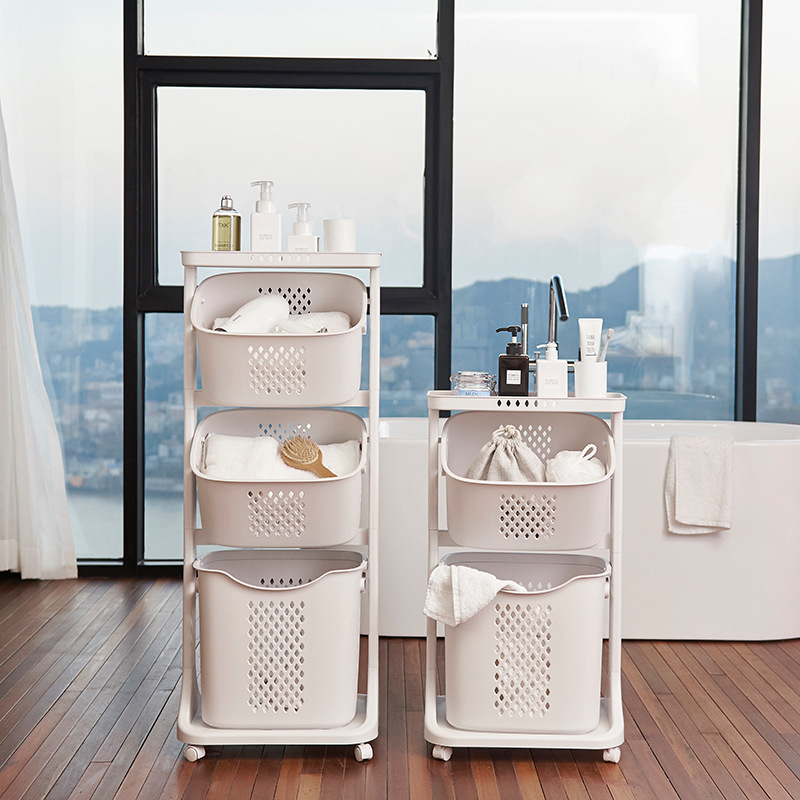 Bathroom White Laundry Basket,Household Kitchen Shelf Fruit Stand, Bathroom Simple Storage Shelf With Wheels