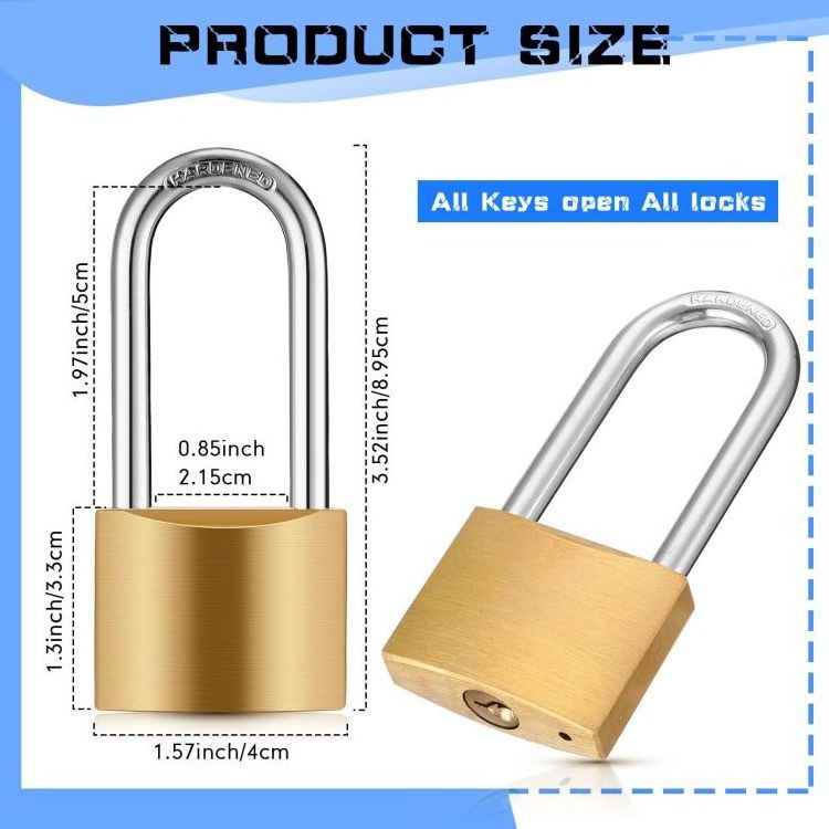 Solid brass padlock with key for sheds, storage units, school gym lockers, fences, tool boxes, buckle storage